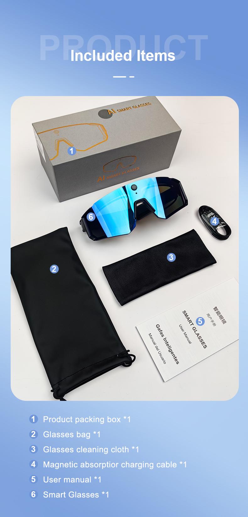 Smart Sports Glasses with 8MP Camera, 2K Photo/1200P Video Recording Wearable Glasses, IP54 Waterproof Multifunctional Wireless Audio Bluetooth Glasses with Headphone, Outdoor Sports Polarized Sunglasses with AI Voice Assistant, UV Protection Eyeglass