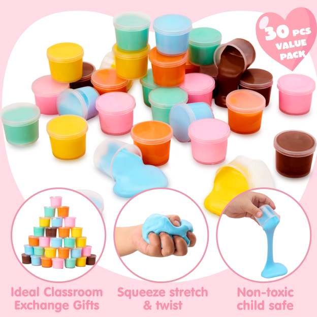 30 Packs Valentines Galaxy Slime With Cards for Kids, Stress Relief Fidget Toy for Kids Valentines Class Exchange Cards, Valentines Party Favors