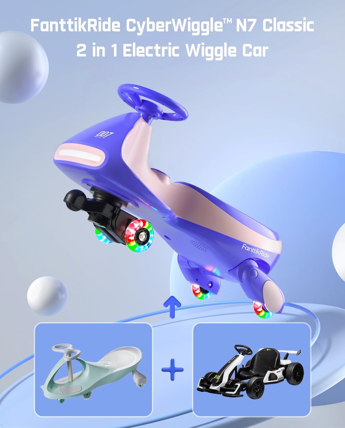  N7 Classic Electric Wiggle Car with Pedal, Rechargeable Battery, Ride on Toys, Swing Car, 2 Speeds, Anti-Rollover, Flashing Light Wheels, Bluetooth, for Ages 3 and Up, 150 Lbs, Pink