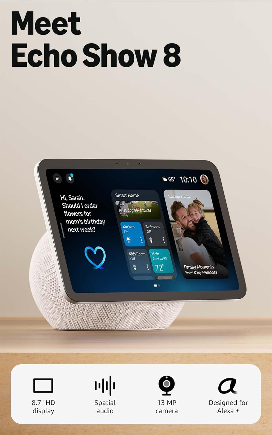 Echo Show 8 (newest model), Vibrant HD 8.7" display with spatial audio, Designed for Alexa+, Graphite