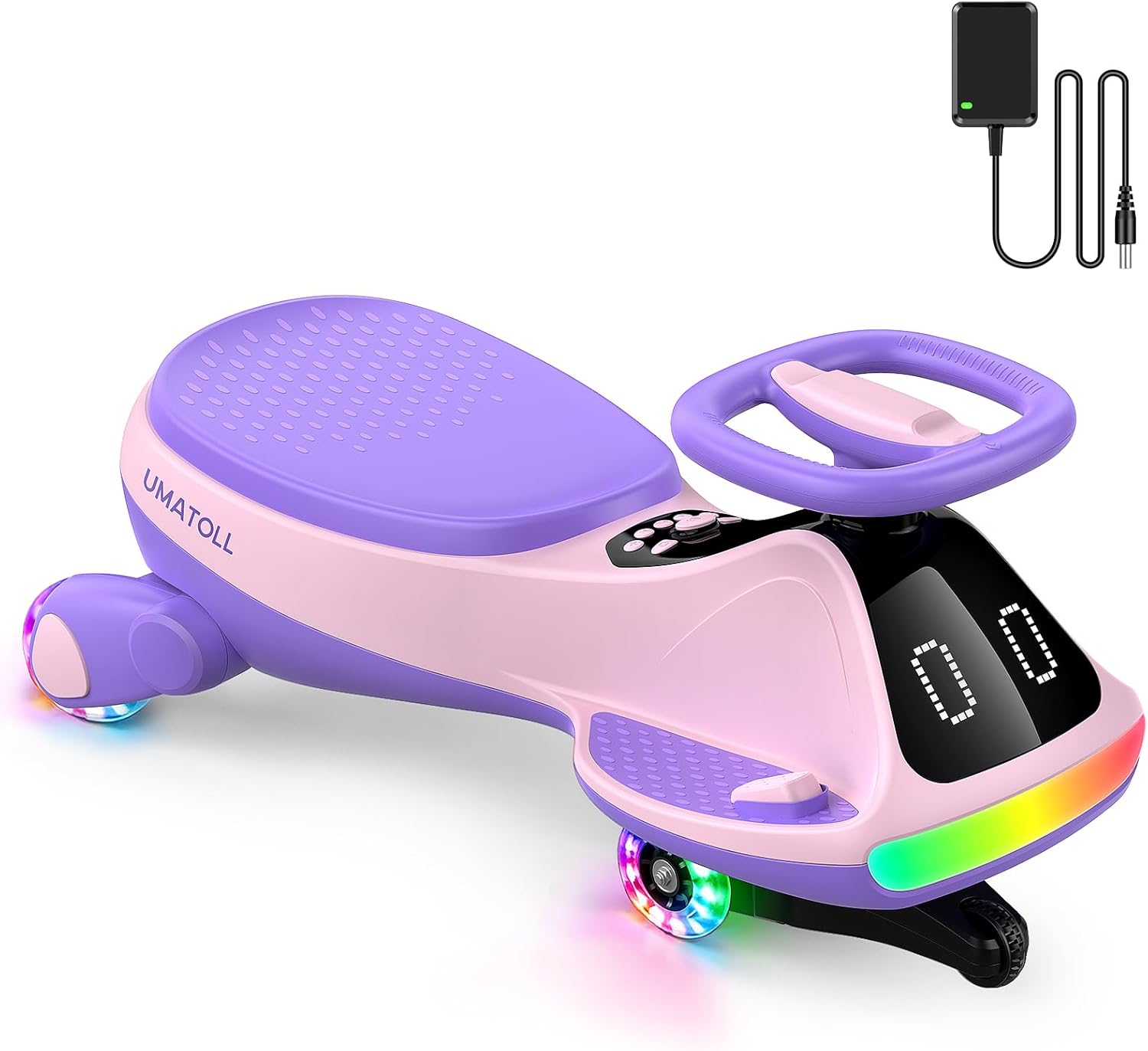 12V Electric Wiggle Car for Kids with Pedal, Display, Rechargeable Battery, LED Light, Bluetooth, Light-Up Wheels, Anti-Rollover, 2 Speeds, Ride on Toys, Birthday Gifts for Age 3+, 150Lbs