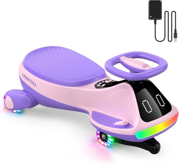 12V Electric Wiggle Car for Kids with Pedal, Display, Rechargeable Battery, LED Light, Bluetooth, Light-Up Wheels, Anti-Rollover, 2 Speeds, Ride on Toys, Birthday Gifts for Age 3+, 150Lbs