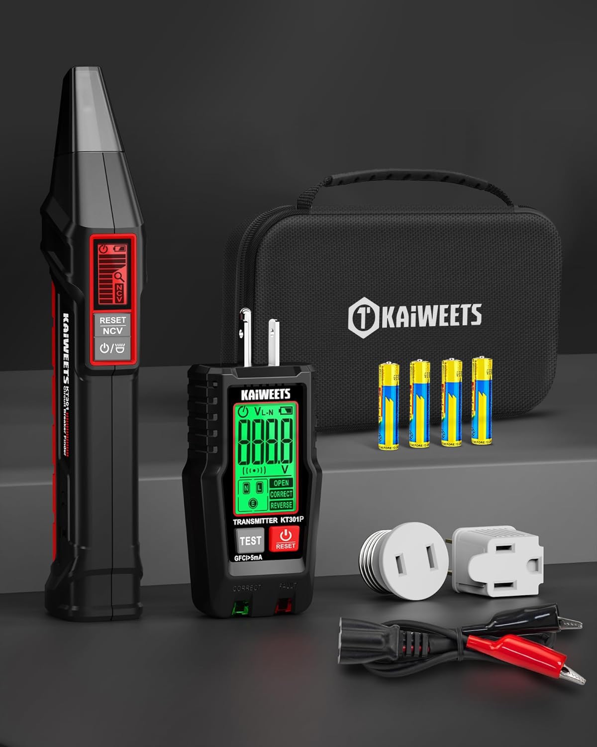 Circuit Breaker Finder with LCD Display, GFCI Outlet Tester, Electrical Circuit Tracer Tool with NCV Test & Flashlight, Includes Carrying Case and Adapters- KT301P