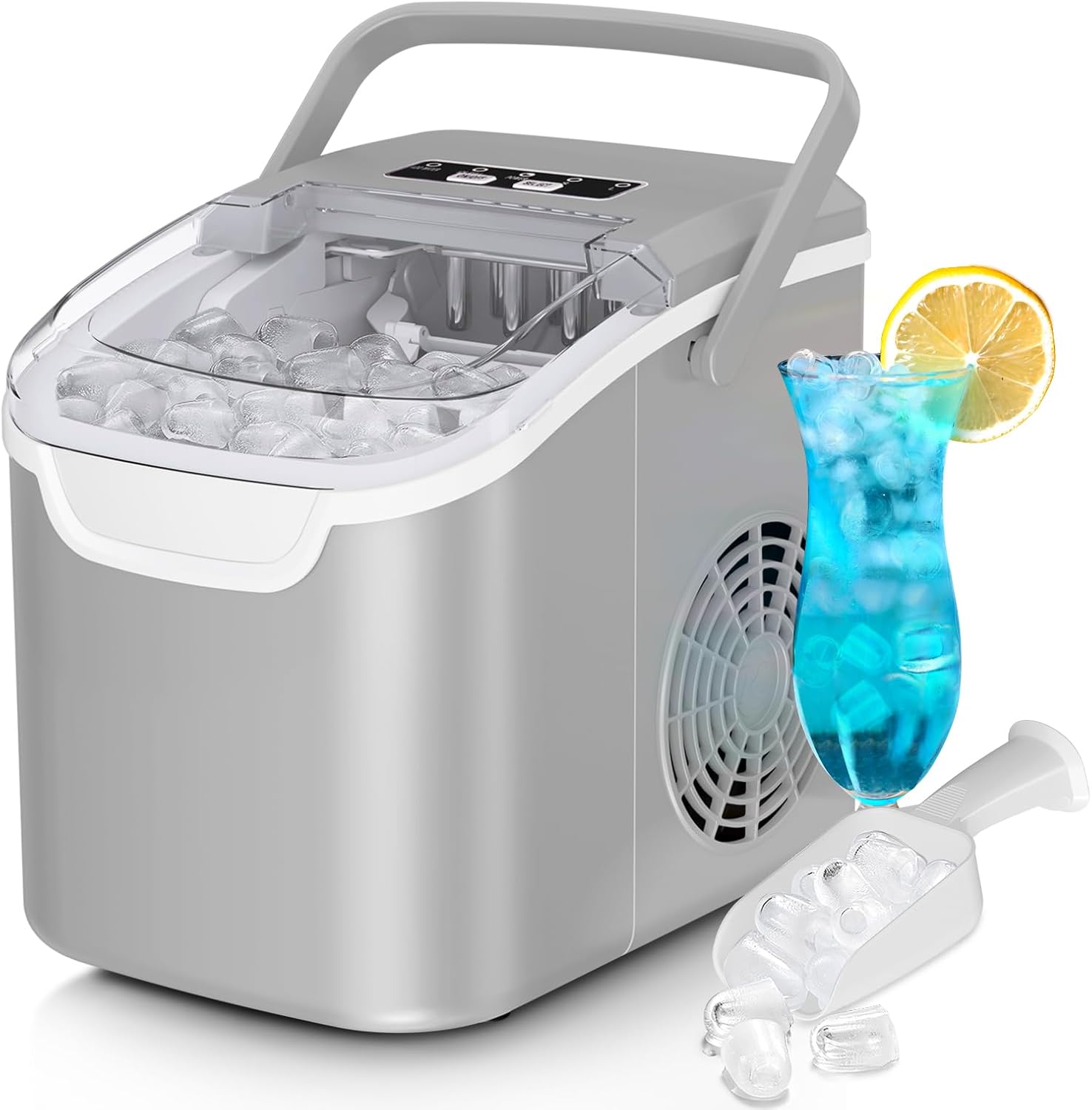 Countertop Ice Maker Machine, 8 Ice Cubes in 6 mins, 26lb/Day Ice with 2 Sizes- Portable Mini, Energy Saving & Basket/Scoop for Home/Party/Travel/Camping/Bar,Black