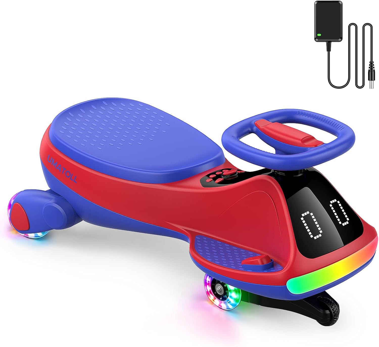 12V Electric Wiggle Car for Kids with Pedal, Display, Rechargeable Battery, LED Light, Bluetooth, Light-Up Wheels, Anti-Rollover, 2 Speeds, Ride on Toys, Birthday Gifts for Age 3+, 150Lbs