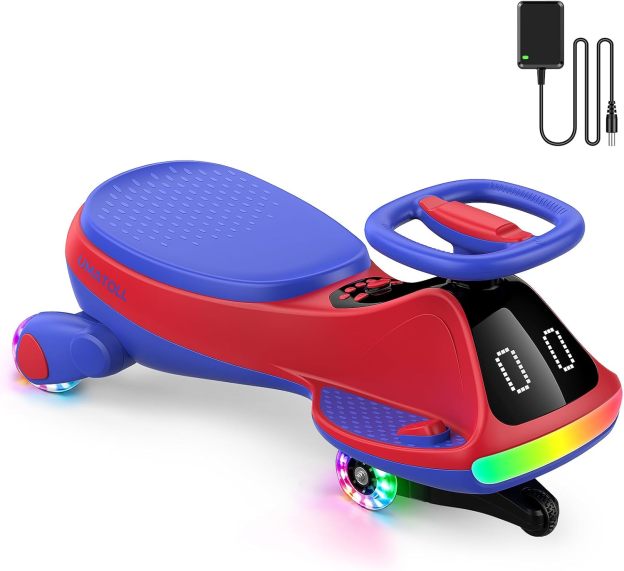 12V Electric Wiggle Car for Kids with Pedal, Display, Rechargeable Battery, LED Light, Bluetooth, Light-Up Wheels, Anti-Rollover, 2 Speeds, Ride on Toys, Birthday Gifts for Age 3+, 150Lbs