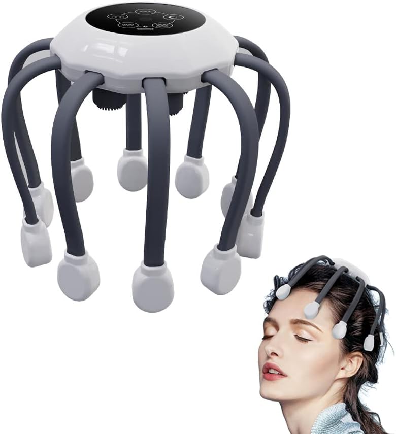  Automatic Scalp Massager Octopus Head Massager with 14 Vibrating Contacts, 5 Modes, Smart Timing, Electric Head Massager for Scalp Stress Relaxation, Relieve Headaches (Grey)