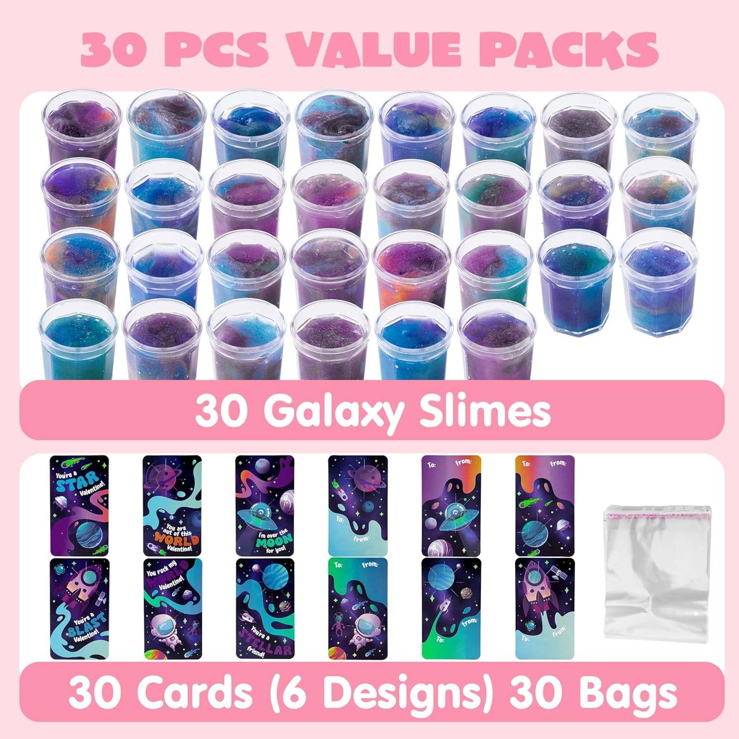 30 Packs Valentines Galaxy Slime With Cards for Kids, Stress Relief Fidget Toy for Kids Valentines Class Exchange Cards, Valentines Party Favors