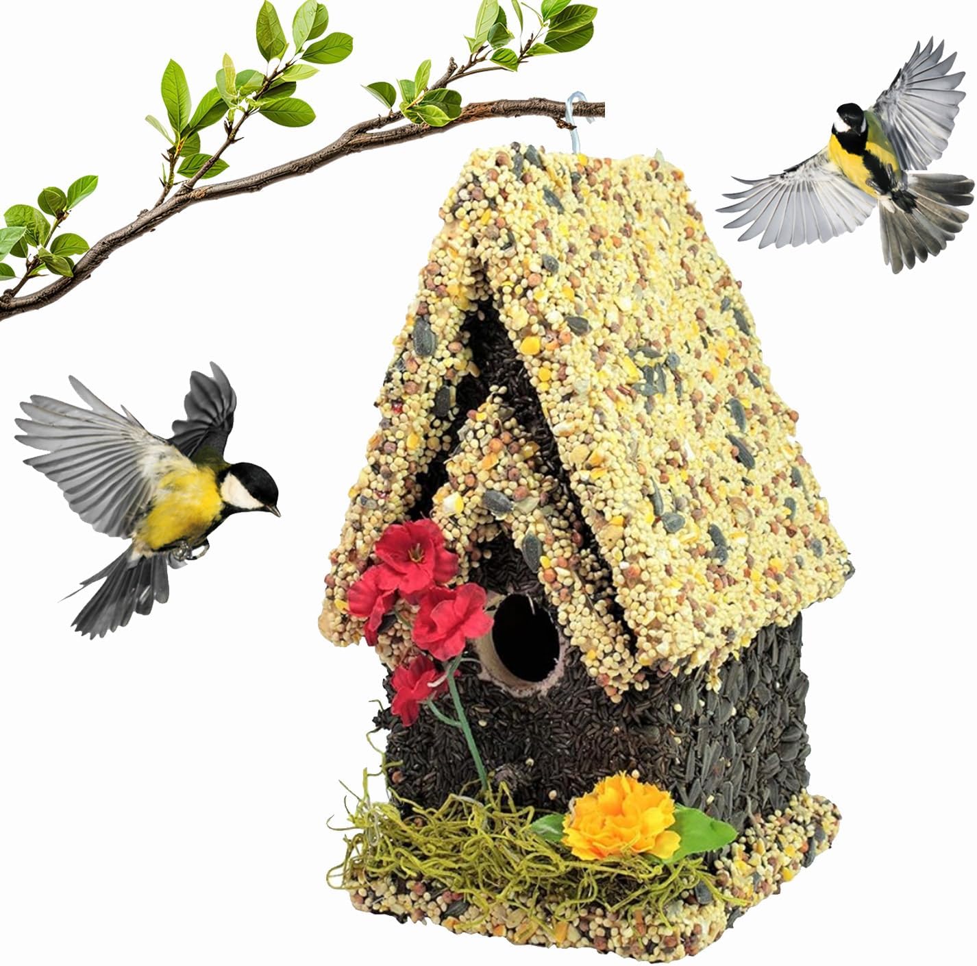 Edible Birdhouse - Birdseed Bird Feeder, Wooden Birds House Covered in Wild Bird Food, Squirrel Resistant Birds Feeders for Outside Hanging, Watching Gift for Garden Lovers, (SL)