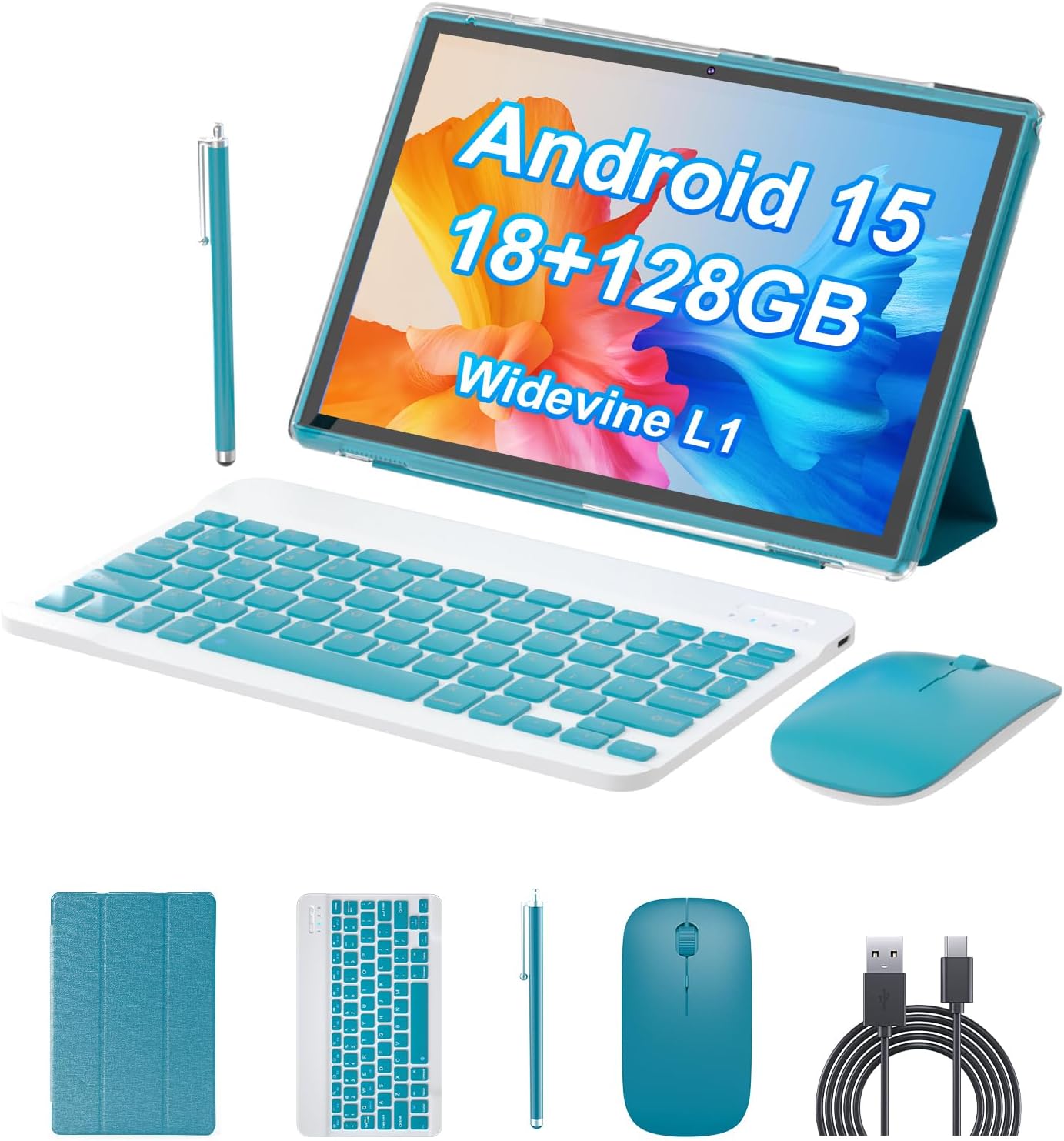 Android 15.0 10Inches Tablet, 18GB RAM+128GB ROM+2TB Expandable, Tab Set with Keyboard/Case/Mouse/Stylus, 2.0GHz Quad-core Processor, 1280 * 800 IPS HDScreen, 5G WiFi6 BT 5.0 (Pink)