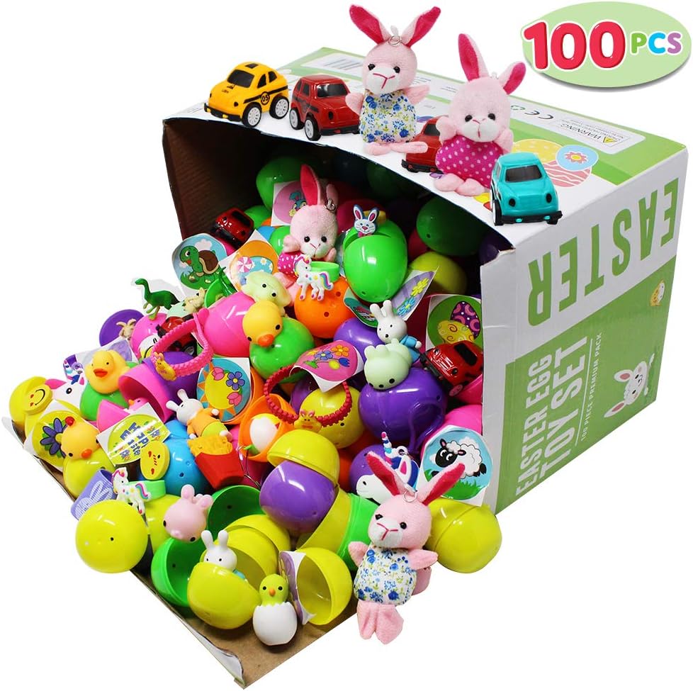 ⏰ LAST DAY 60% OFF 💥 100 Pcs Prefilled Easter Eggs with Toys Plus Stickers, Filled with Toys Party Favors for Kids Boys Girls Easter Eggs Hunt, Basket Stuffers Fillers, Classroom Prize Supplies