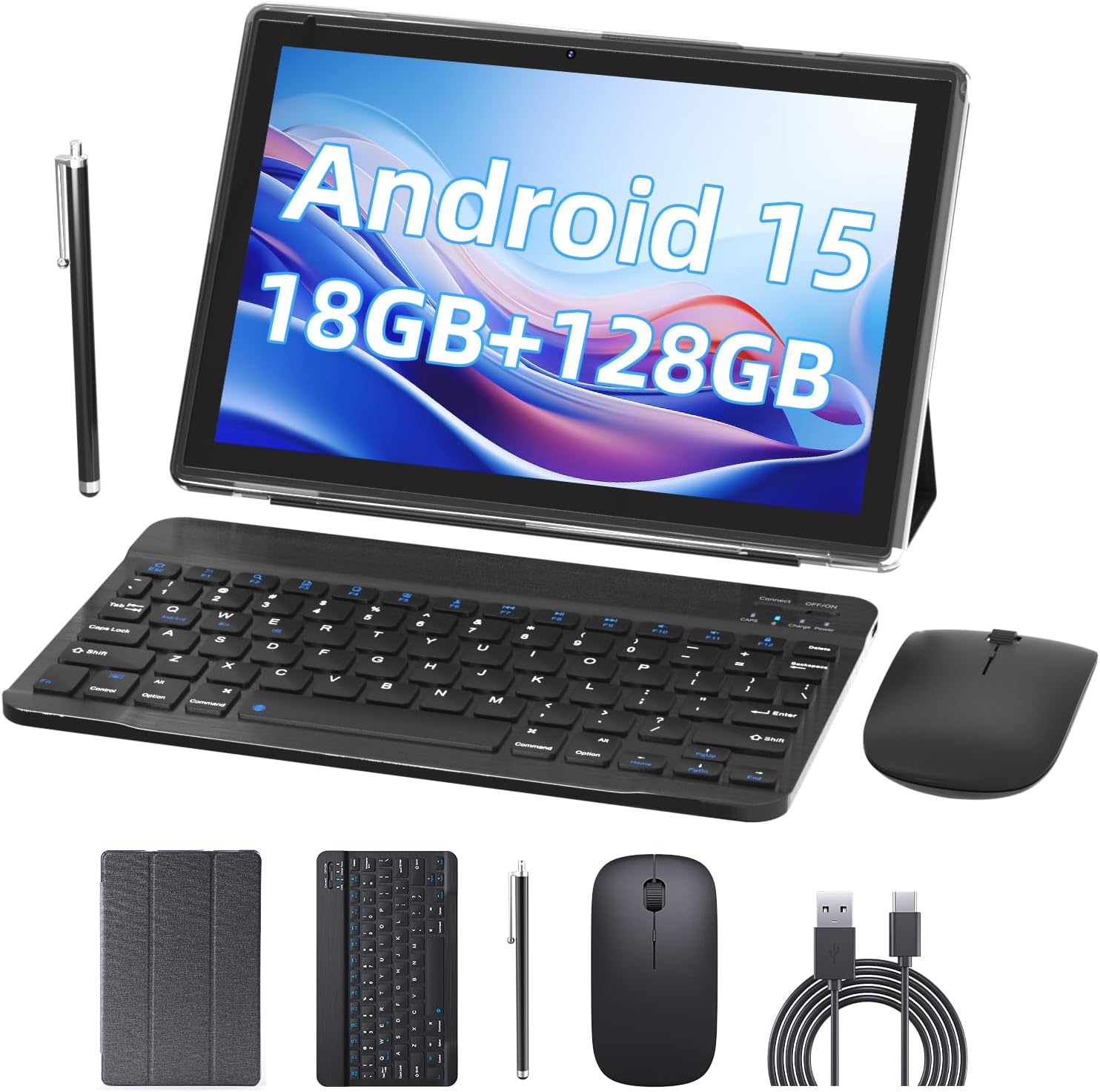 Android 15.0 10Inches Tablet, 18GB RAM+128GB ROM+2TB Expandable, Tab Set with Keyboard/Case/Mouse/Stylus, 2.0GHz Quad-core Processor, 1280 * 800 IPS HDScreen, 5G WiFi6 BT 5.0 (Pink)