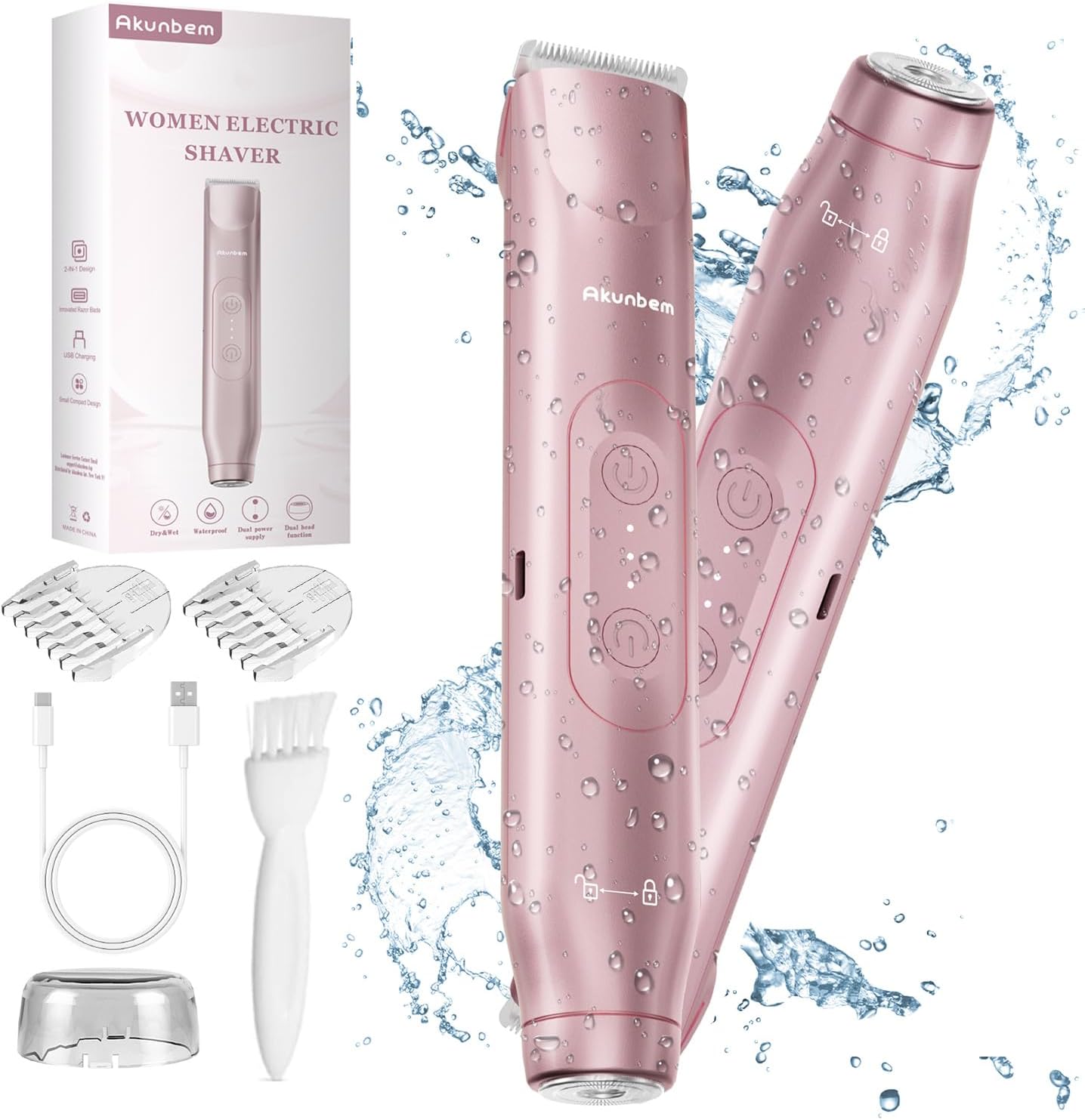  Bikini Trimmer for Women - 2 in 1 Electric Razors for Women - Dual Head Electric Shaver - IPX7 Waterproof Wet & Dry Use Body Hair Trimmer and Facial Hair Remover for Bikini Underarm Leg Arm