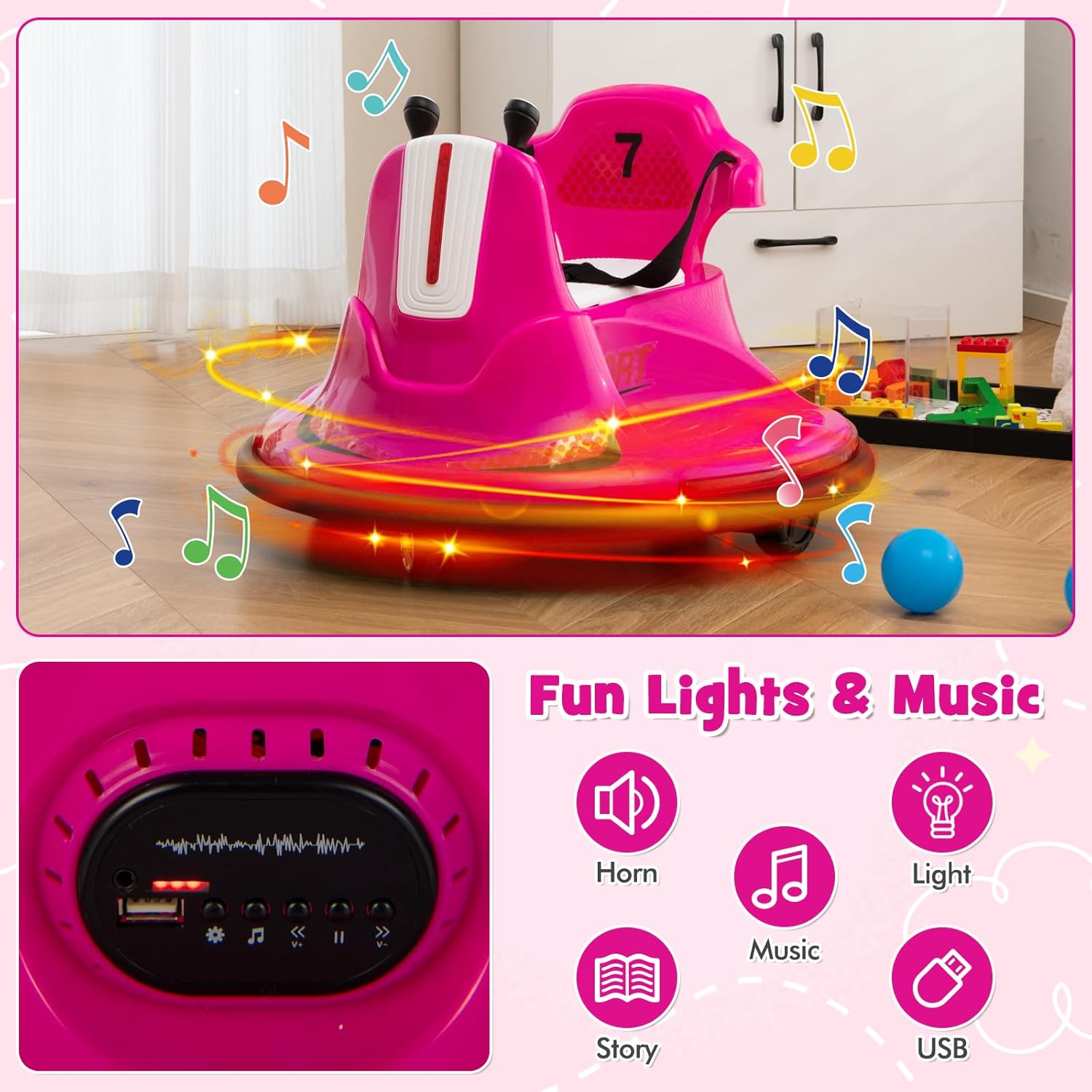 ⏰ LAST DAY 80% OFF 💥  12V Kids Ride On Bumper Car, Electric Bumper Car w/Dual Joysticks, Remote Control, 360° Spin, Slow Start Function, LED Lights & Fun Music, Adjustable Safety Belt, Soft Bumper (Pink)