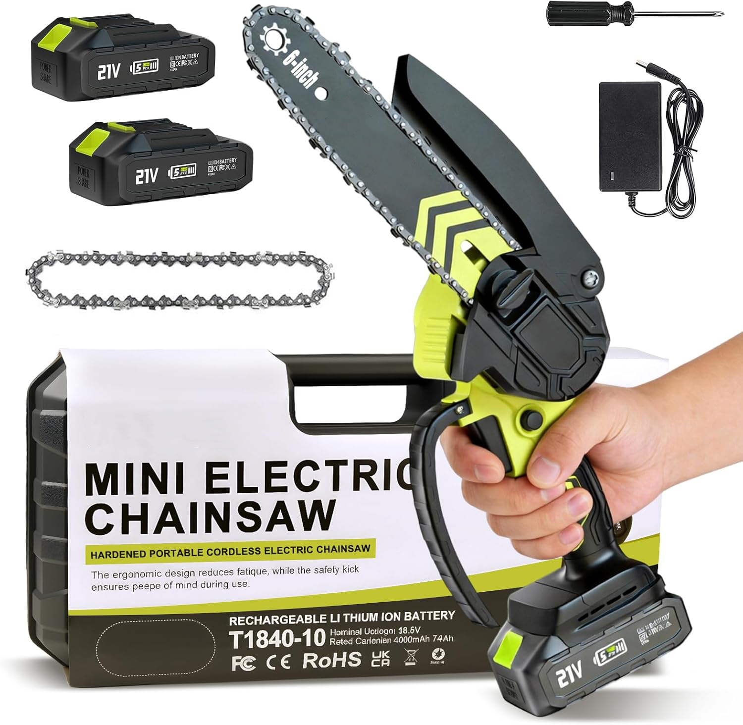 6-inch Mini Chainsaw Cordless: Home Garden Electric Chainsaw - 950W Pure Copper Brushless Motor, High Efficiency, Low Noise, 21V Batteries x2, Up to 80-Min Runtime