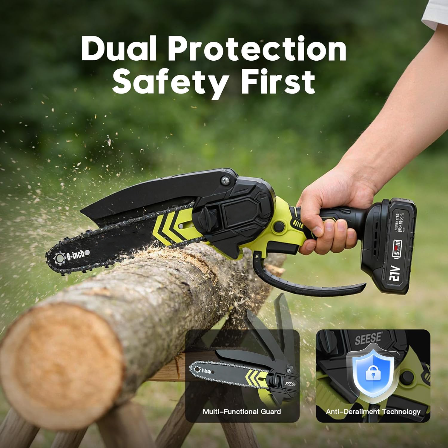 6-inch Mini Chainsaw Cordless: Home Garden Electric Chainsaw - 950W Pure Copper Brushless Motor, High Efficiency, Low Noise, 21V Batteries x2, Up to 80-Min Runtime