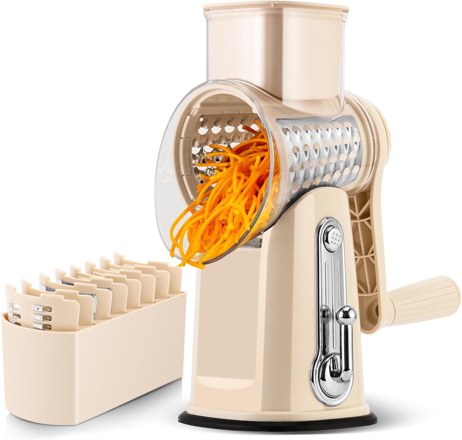 Rotary Cheese Grater,Vegetable Slicer with 5 Interchangeable Blades,Strong Suction Base,Rotary Drum Grater&Food Shredder for Kitchen,with Blade Storage Box-Ideal for Cheese,Cucumber,Carrot,Nut