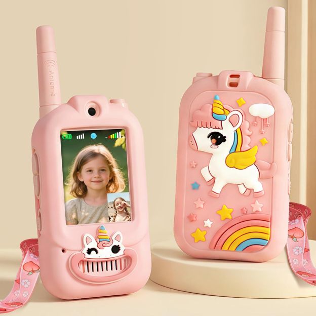 Walkie Talkie for Kids with Video: 2 Pack Rechargeable Toddler Toys with HD Camera & Voice Changer, Long Range Gift Toys for Boy & Girl Age 3-8 for Outdoor Play, Camping (Pink-Blue)