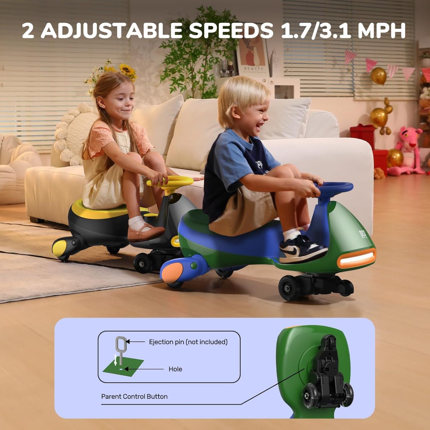  N7 Classic Electric Wiggle Car with Pedal, Rechargeable Battery, Ride on Toys, Swing Car, 2 Speeds, Anti-Rollover, Flashing Light Wheels, Bluetooth, for Ages 3 and Up, 150 Lbs, Pink
