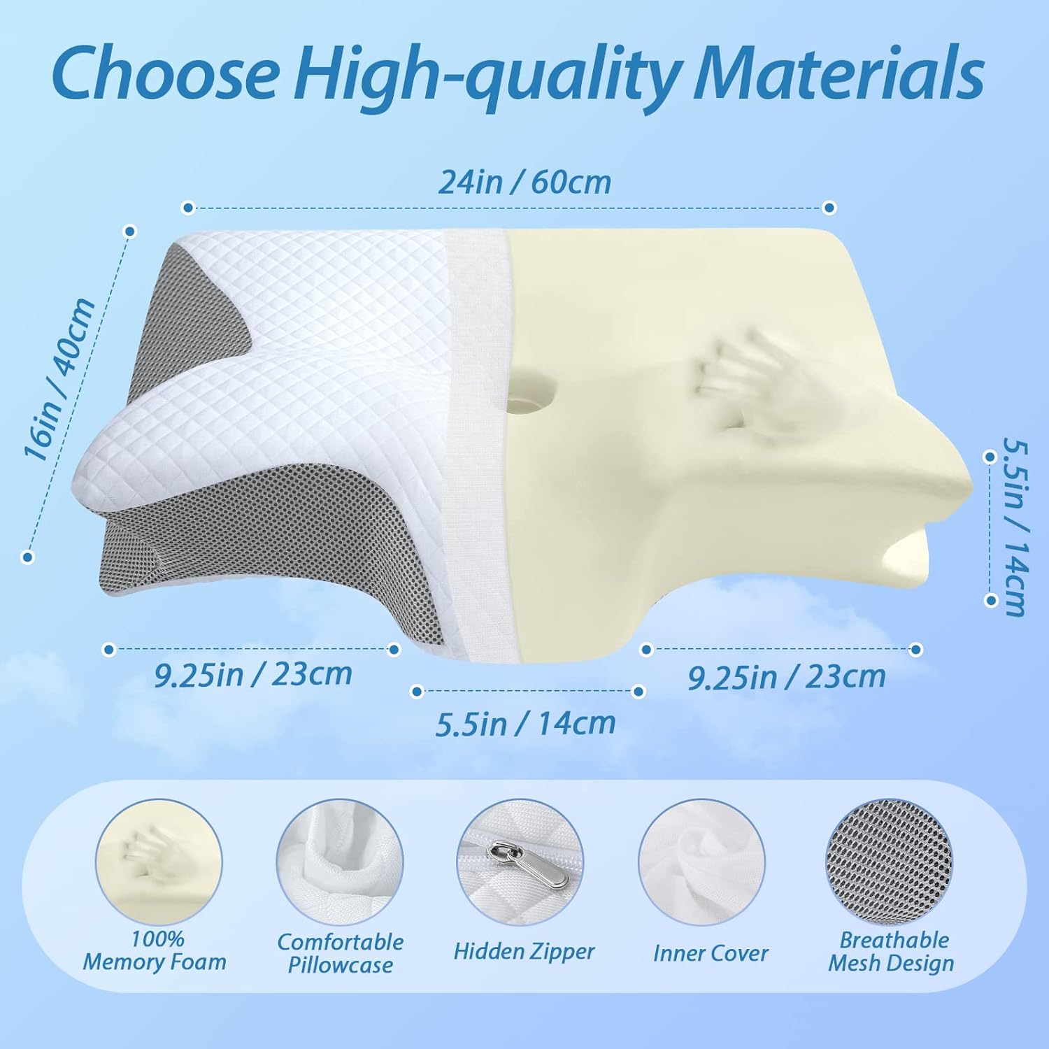  Memory Foam Cervical Pillow, 2 in 1 Ergonomic Contour Orthopedic Pillow for Neck Pain, Contoured Support Pillows for Side Back Stomach Sleepers