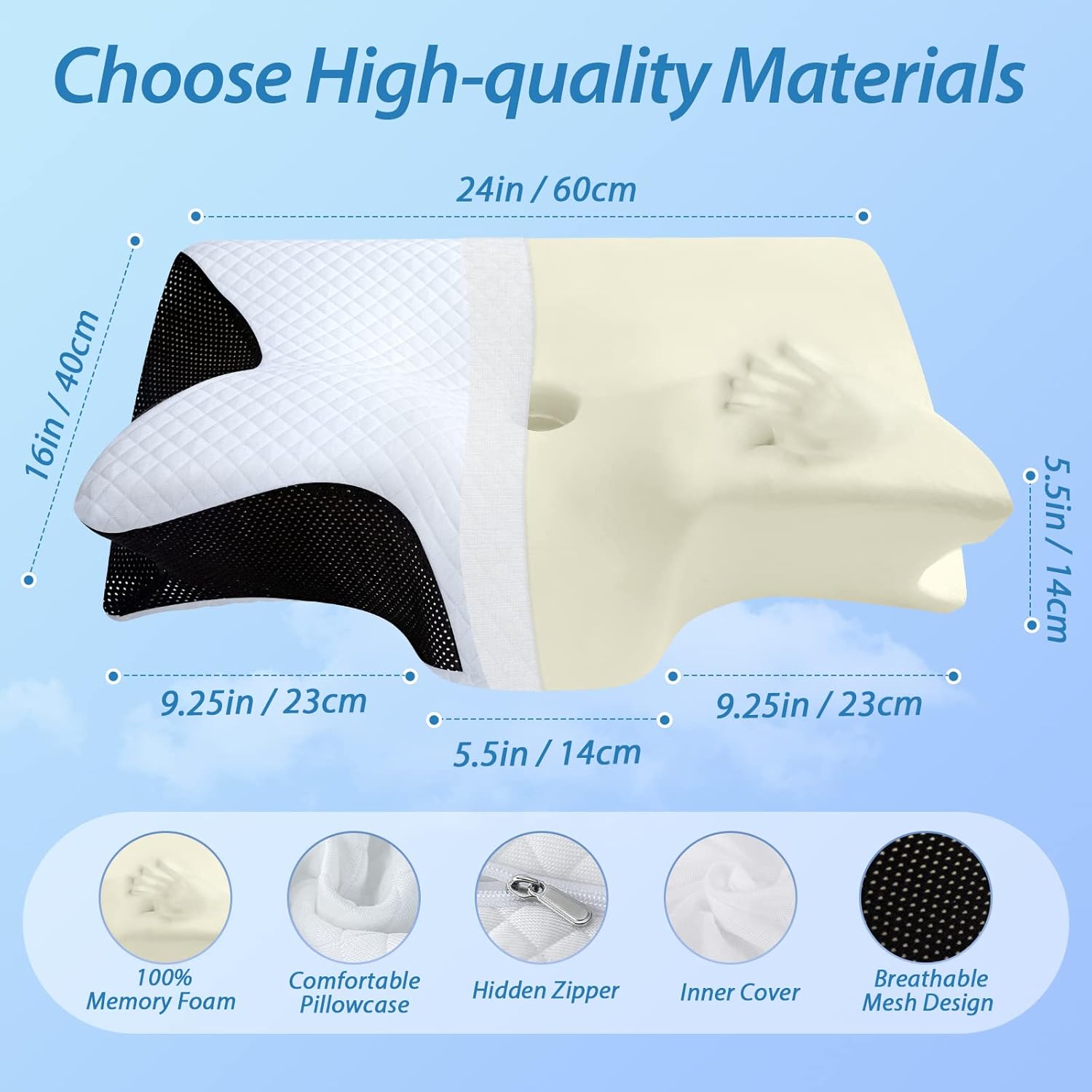  Memory Foam Cervical Pillow, 2 in 1 Ergonomic Contour Orthopedic Pillow for Neck Pain, Contoured Support Pillows for Side Back Stomach Sleepers