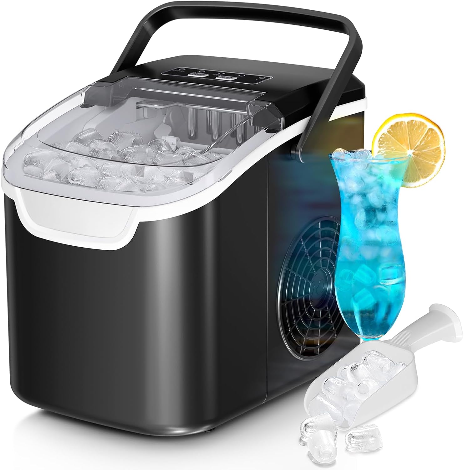Countertop Ice Maker Machine, 8 Ice Cubes in 6 mins, 26lb/Day Ice with 2 Sizes- Portable Mini, Energy Saving & Basket/Scoop for Home/Party/Travel/Camping/Bar,Black