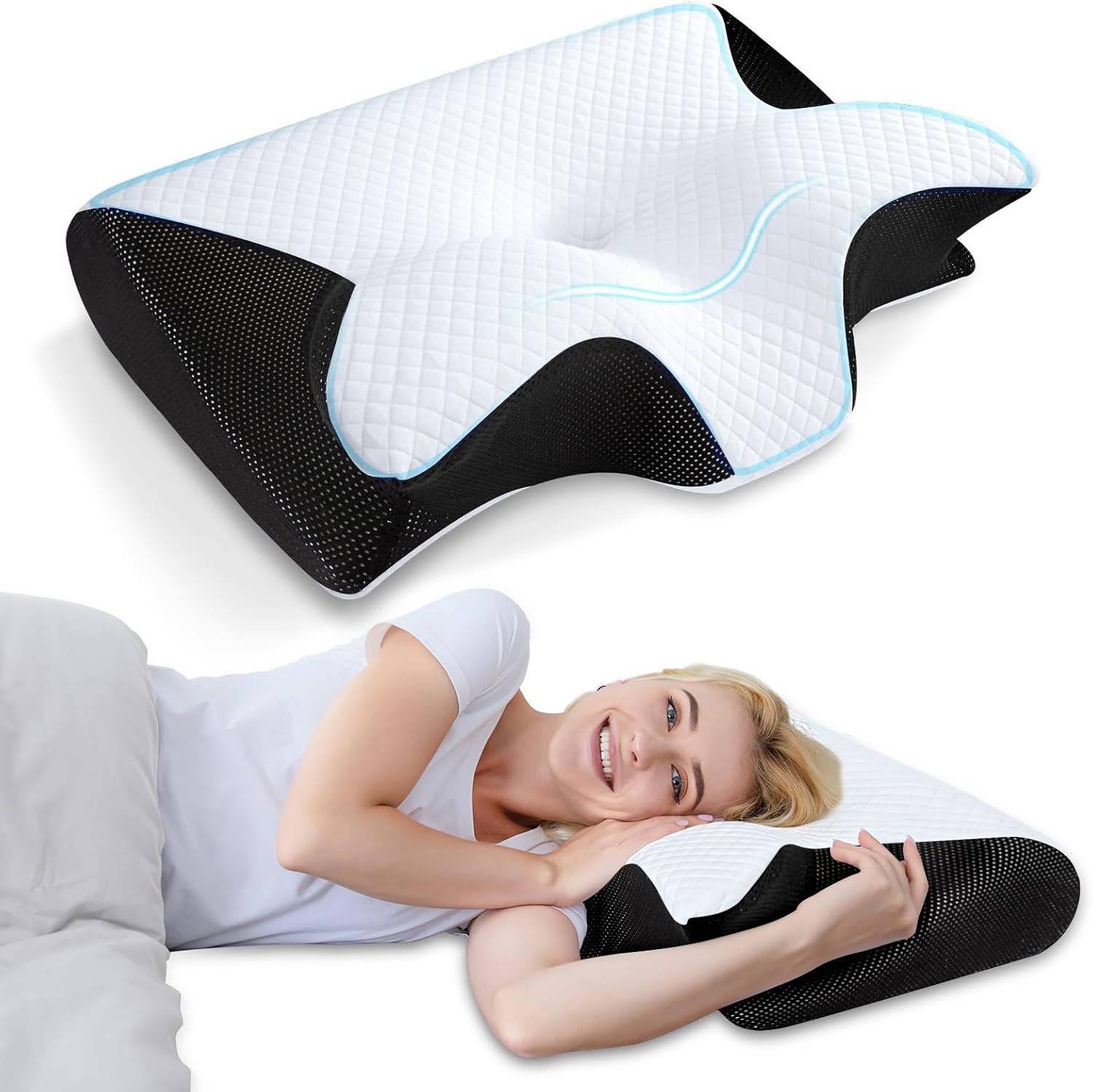  Memory Foam Cervical Pillow, 2 in 1 Ergonomic Contour Orthopedic Pillow for Neck Pain, Contoured Support Pillows for Side Back Stomach Sleepers