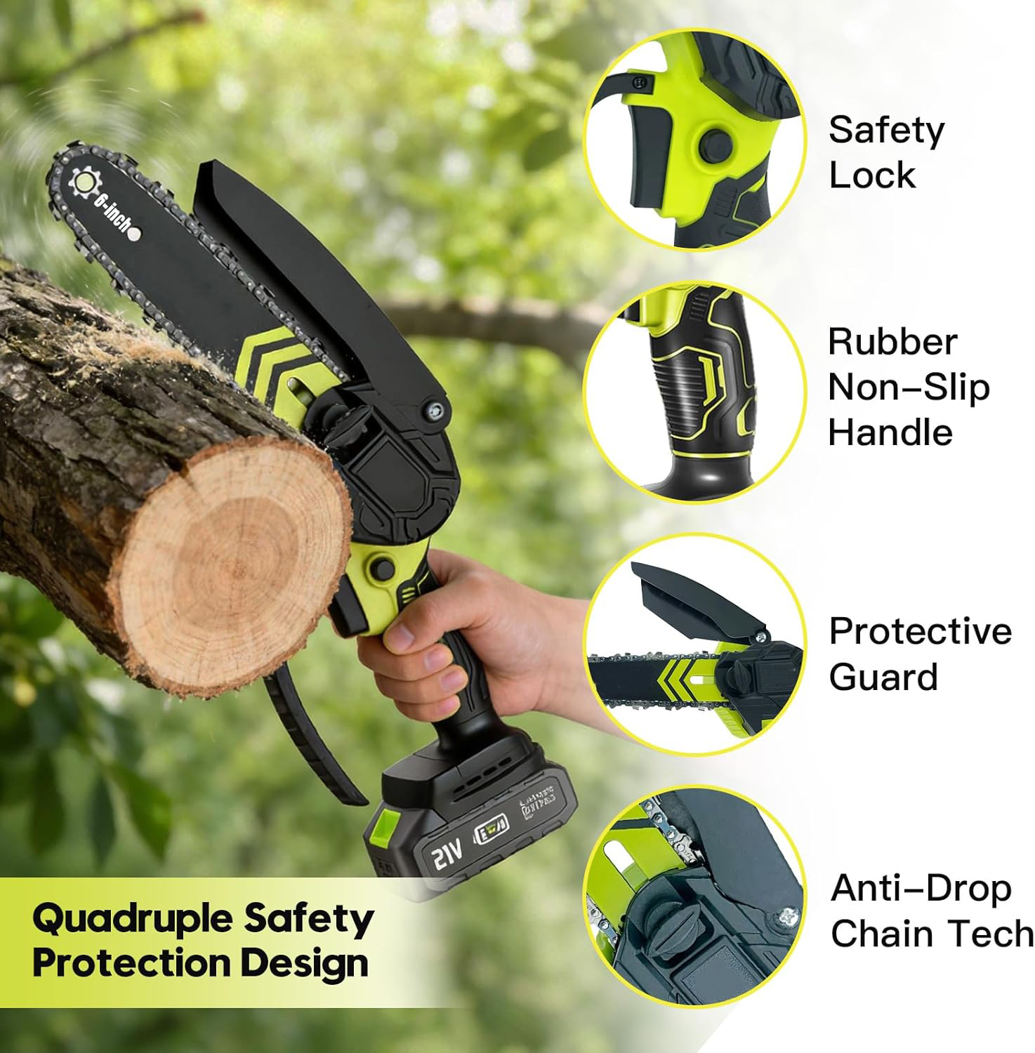 6-inch Mini Chainsaw Cordless: Home Garden Electric Chainsaw - 950W Pure Copper Brushless Motor, High Efficiency, Low Noise, 21V Batteries x2, Up to 80-Min Runtime