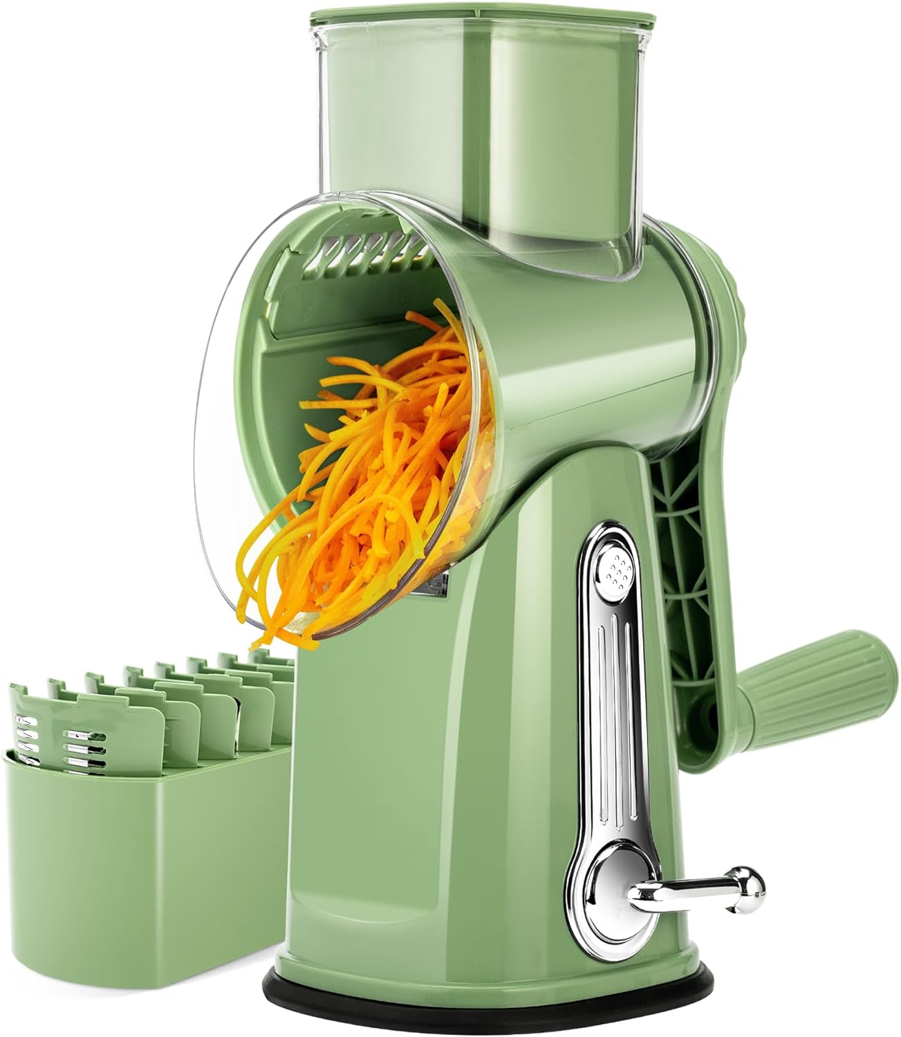 Rotary Cheese Grater,Vegetable Slicer with 5 Interchangeable Blades,Strong Suction Base,Rotary Drum Grater&Food Shredder for Kitchen,with Blade Storage Box-Ideal for Cheese,Cucumber,Carrot,Nut
