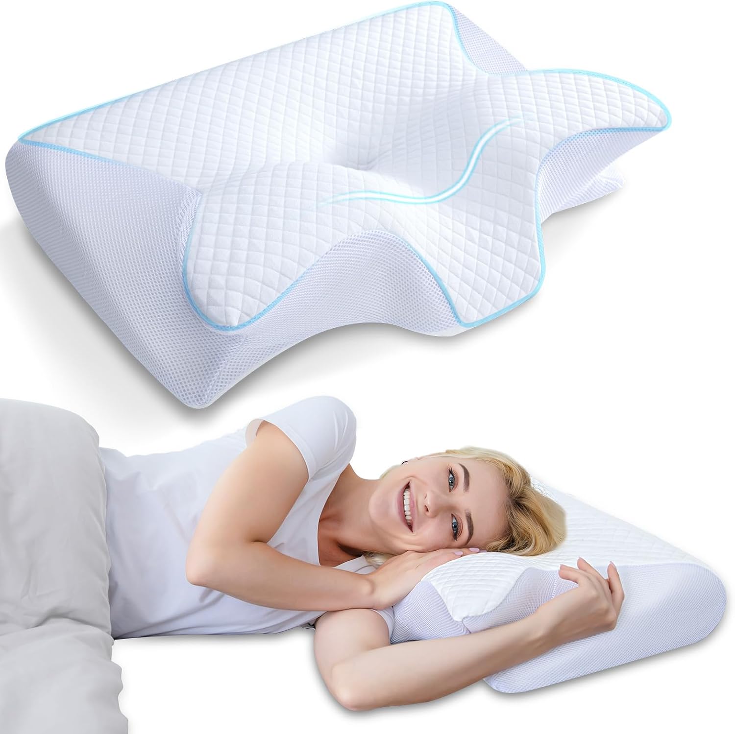  Memory Foam Cervical Pillow, 2 in 1 Ergonomic Contour Orthopedic Pillow for Neck Pain, Contoured Support Pillows for Side Back Stomach Sleepers