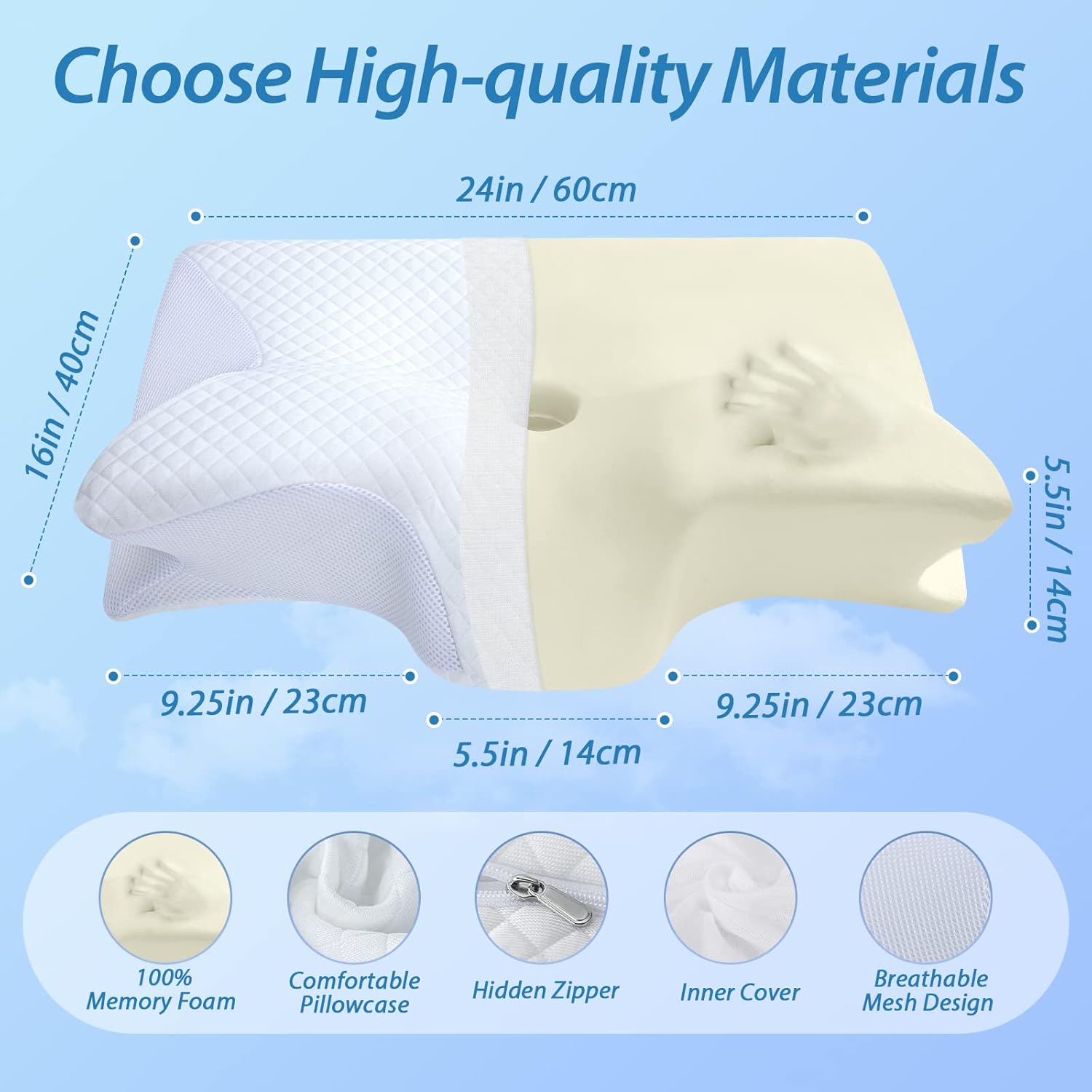  Memory Foam Cervical Pillow, 2 in 1 Ergonomic Contour Orthopedic Pillow for Neck Pain, Contoured Support Pillows for Side Back Stomach Sleepers