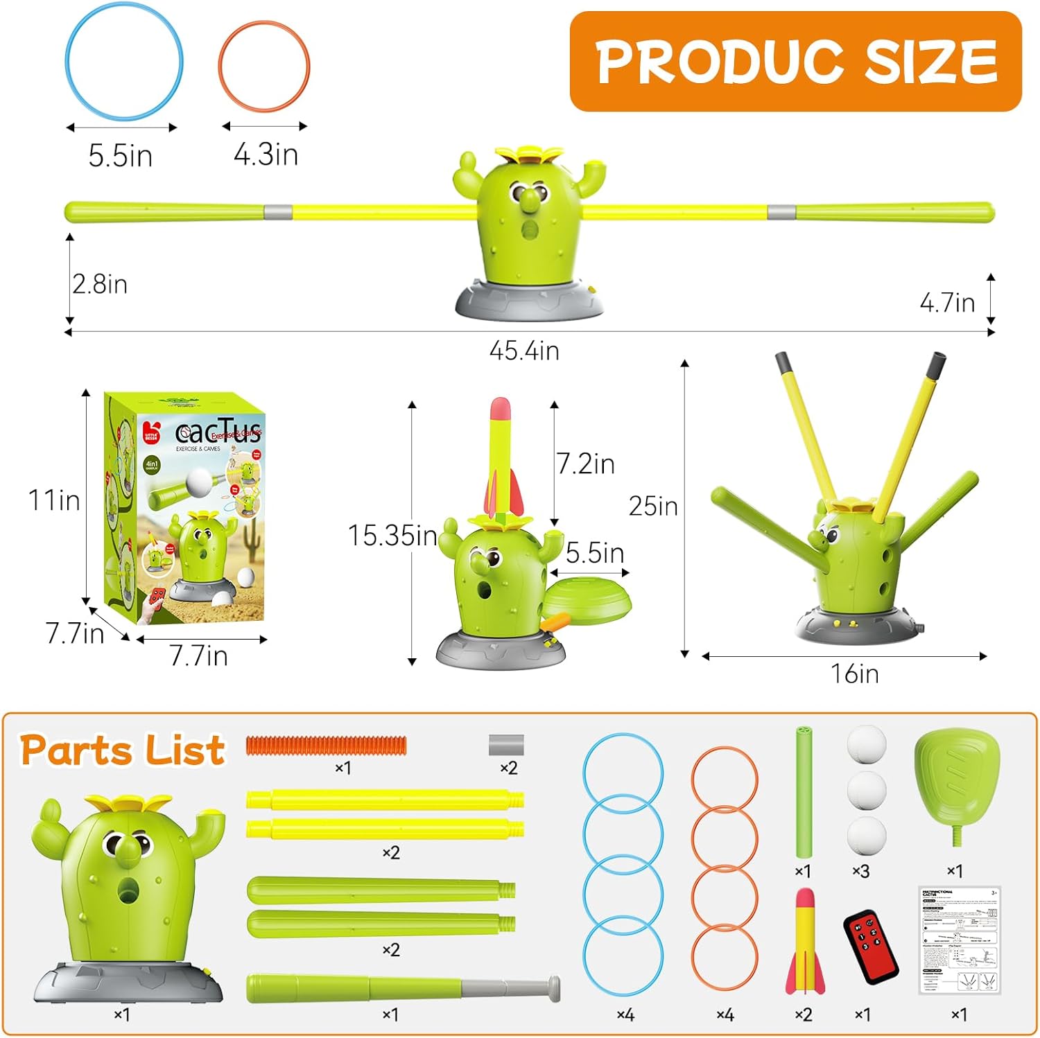 Cactus 4-in-1 Musical Jumping Toys Set with Ring Toss, Stomping Rocket Launcher and Baseball Game, Fun Indoor and Outdoor Toys for Active Play Sports Toy for Kids Ages 3 4 5 6 7 8+ Boys & Girls.