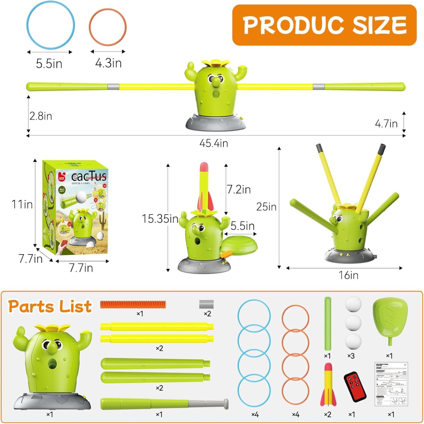 Cactus 4-in-1 Musical Jumping Toys Set with Ring Toss, Stomping Rocket Launcher and Baseball Game, Fun Indoor and Outdoor Toys for Active Play Sports Toy for Kids Ages 3 4 5 6 7 8+ Boys & Girls.