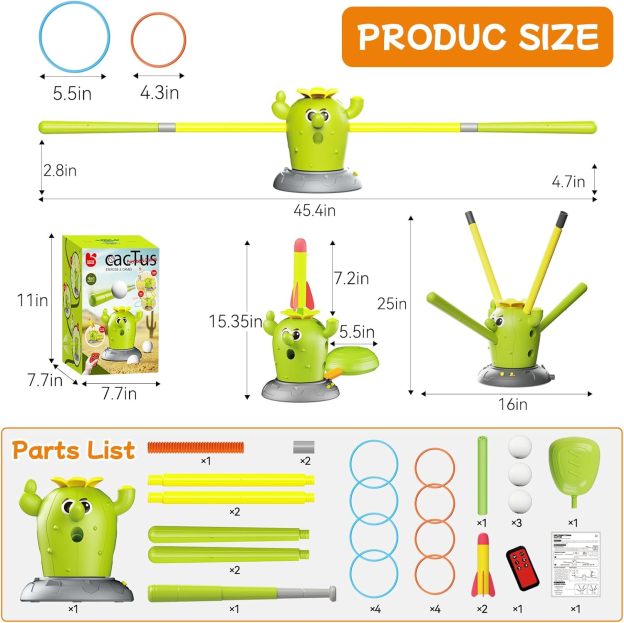 Cactus 4-in-1 Musical Jumping Toys Set with Ring Toss, Stomping Rocket Launcher and Baseball Game, Fun Indoor and Outdoor Toys for Active Play Sports Toy for Kids Ages 3 4 5 6 7 8+ Boys & Girls.