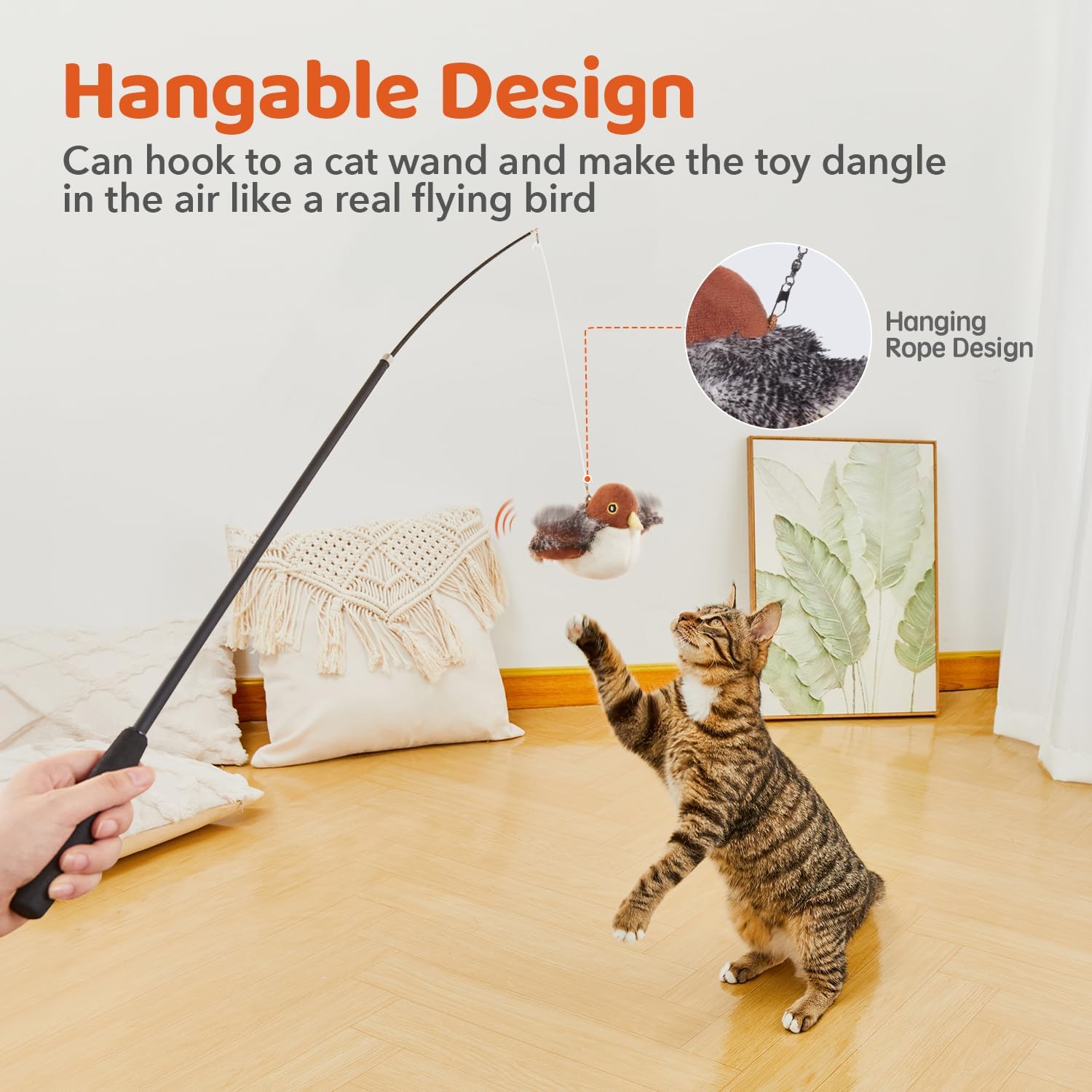 Cat Toys Rechargeable Flapping Bird Sparrow, Lifelike Chirp Tweet, Touch Activated Kitten Toy Interactive Cat Exercise Toys for All Breeds Cat Kicker Catnip Toys 4.0 Inches