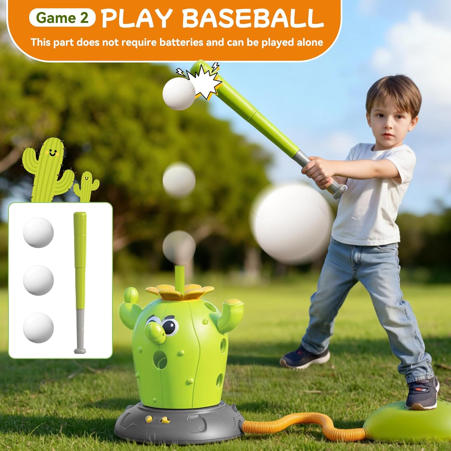 Cactus 4-in-1 Musical Jumping Toys Set with Ring Toss, Stomping Rocket Launcher and Baseball Game, Fun Indoor and Outdoor Toys for Active Play Sports Toy for Kids Ages 3 4 5 6 7 8+ Boys & Girls.