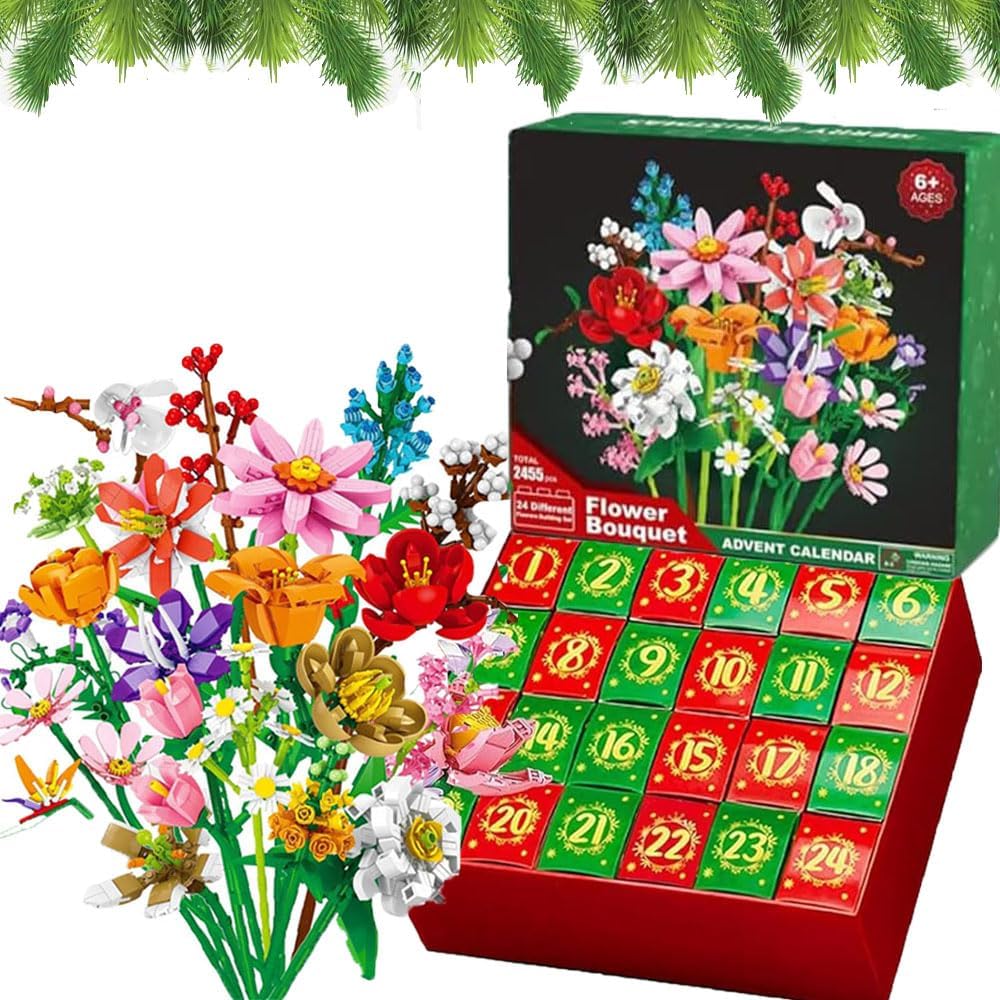 ⏰ LAST DAY 60% OFF 💥 Advent Calendar 2024 for Kids Adults Teens 2025 24 Days Flower Bouquet Christmas Countdown Advent Calendar,Christmas Bouquet Blocks, with 24 Flower Model Building Toy Set (Daisy)