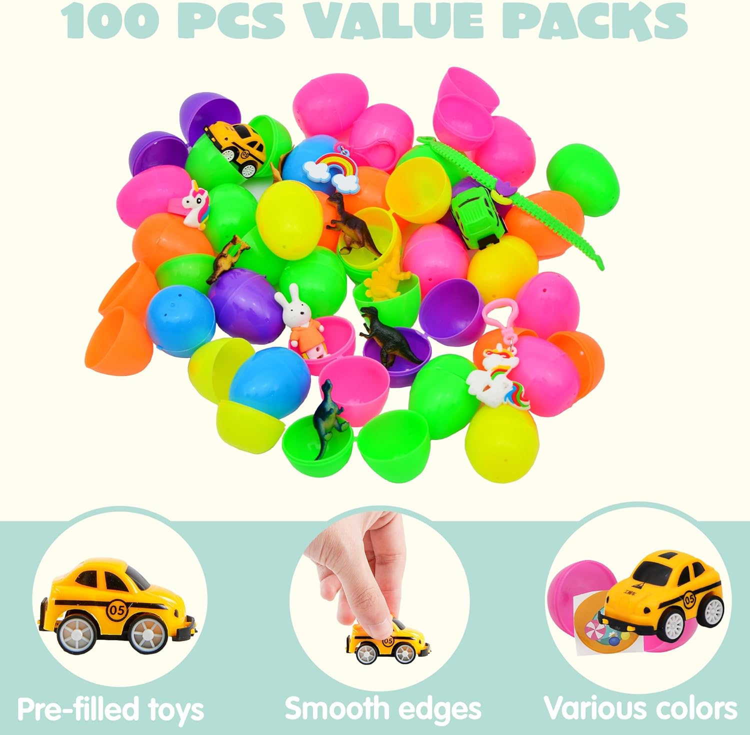 ⏰ LAST DAY 60% OFF 💥 100 Pcs Prefilled Easter Eggs with Toys Plus Stickers, Filled with Toys Party Favors for Kids Boys Girls Easter Eggs Hunt, Basket Stuffers Fillers, Classroom Prize Supplies
