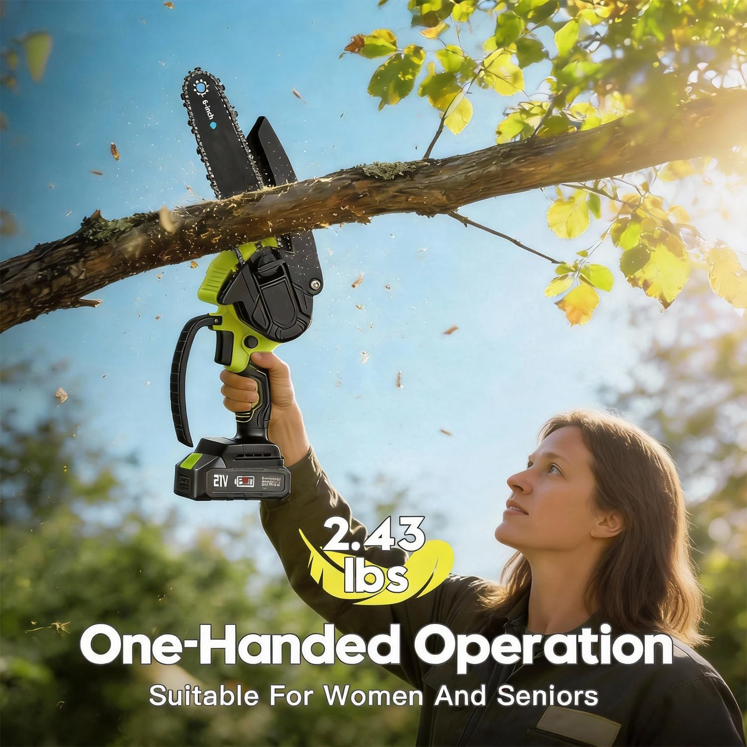 6-inch Mini Chainsaw Cordless: Home Garden Electric Chainsaw - 950W Pure Copper Brushless Motor, High Efficiency, Low Noise, 21V Batteries x2, Up to 80-Min Runtime