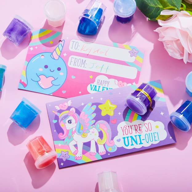 30 Packs Valentines Galaxy Slime With Cards for Kids, Stress Relief Fidget Toy for Kids Valentines Class Exchange Cards, Valentines Party Favors