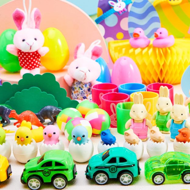 ⏰ LAST DAY 60% OFF 💥 100 Pcs Prefilled Easter Eggs with Toys Plus Stickers, Filled with Toys Party Favors for Kids Boys Girls Easter Eggs Hunt, Basket Stuffers Fillers, Classroom Prize Supplies