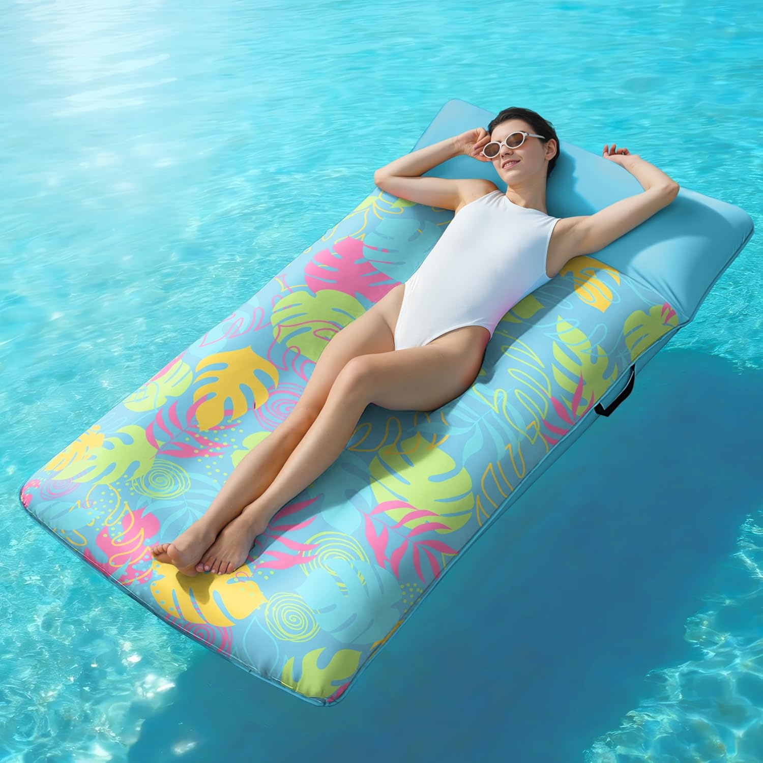 Inflatable Pool Floats Lounger - XL Fabric Covered Pool Mat Floaties for Adults, Ultra Comfort Water Floating Lounger with Headrest for Beach Lake Swimming Pool Float Raft 68"X34"