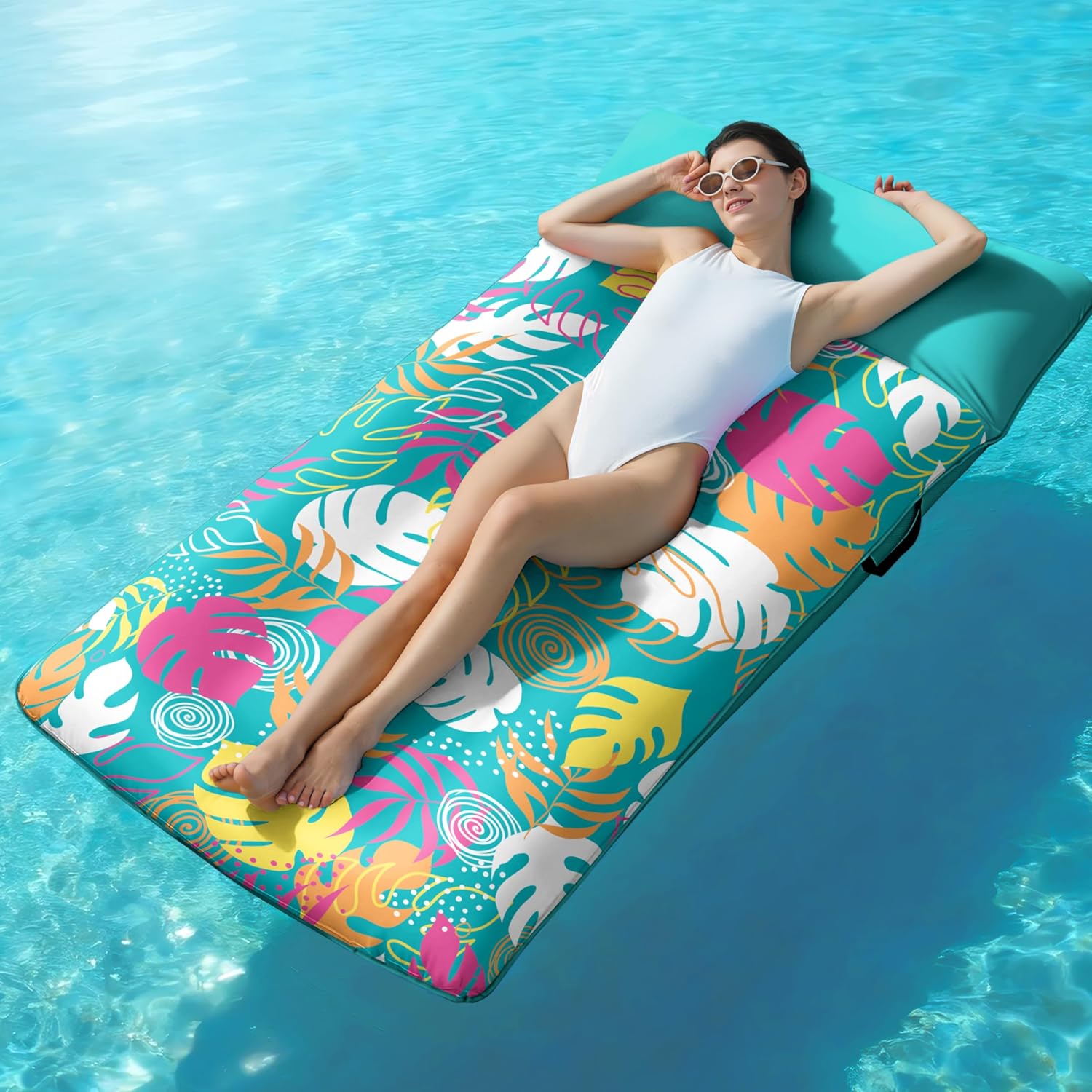 Inflatable Pool Floats Lounger - XL Fabric Covered Pool Mat Floaties for Adults, Ultra Comfort Water Floating Lounger with Headrest for Beach Lake Swimming Pool Float Raft 68"X34"