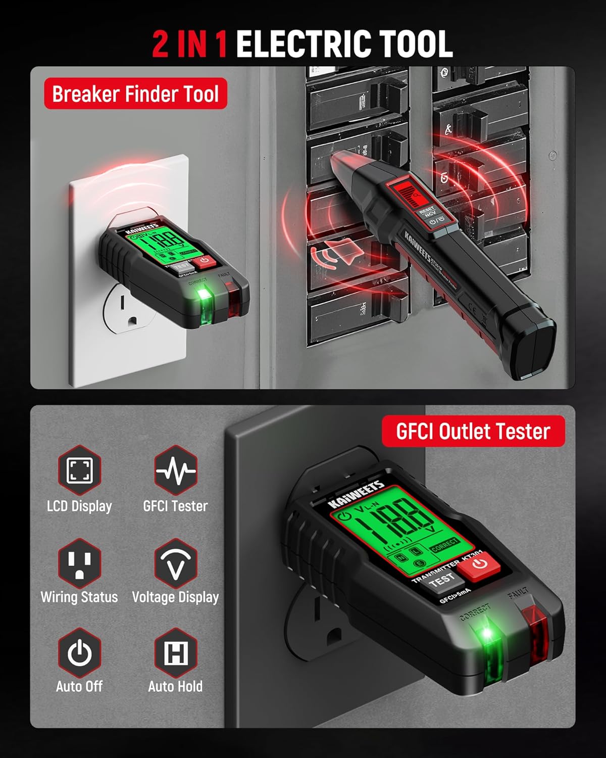 Circuit Breaker Finder with LCD Display, GFCI Outlet Tester, Electrical Circuit Tracer Tool with NCV Test & Flashlight, Includes Carrying Case and Adapters- KT301P