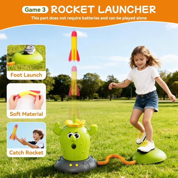 Cactus 4-in-1 Musical Jumping Toys Set with Ring Toss, Stomping Rocket Launcher and Baseball Game, Fun Indoor and Outdoor Toys for Active Play Sports Toy for Kids Ages 3 4 5 6 7 8+ Boys & Girls.