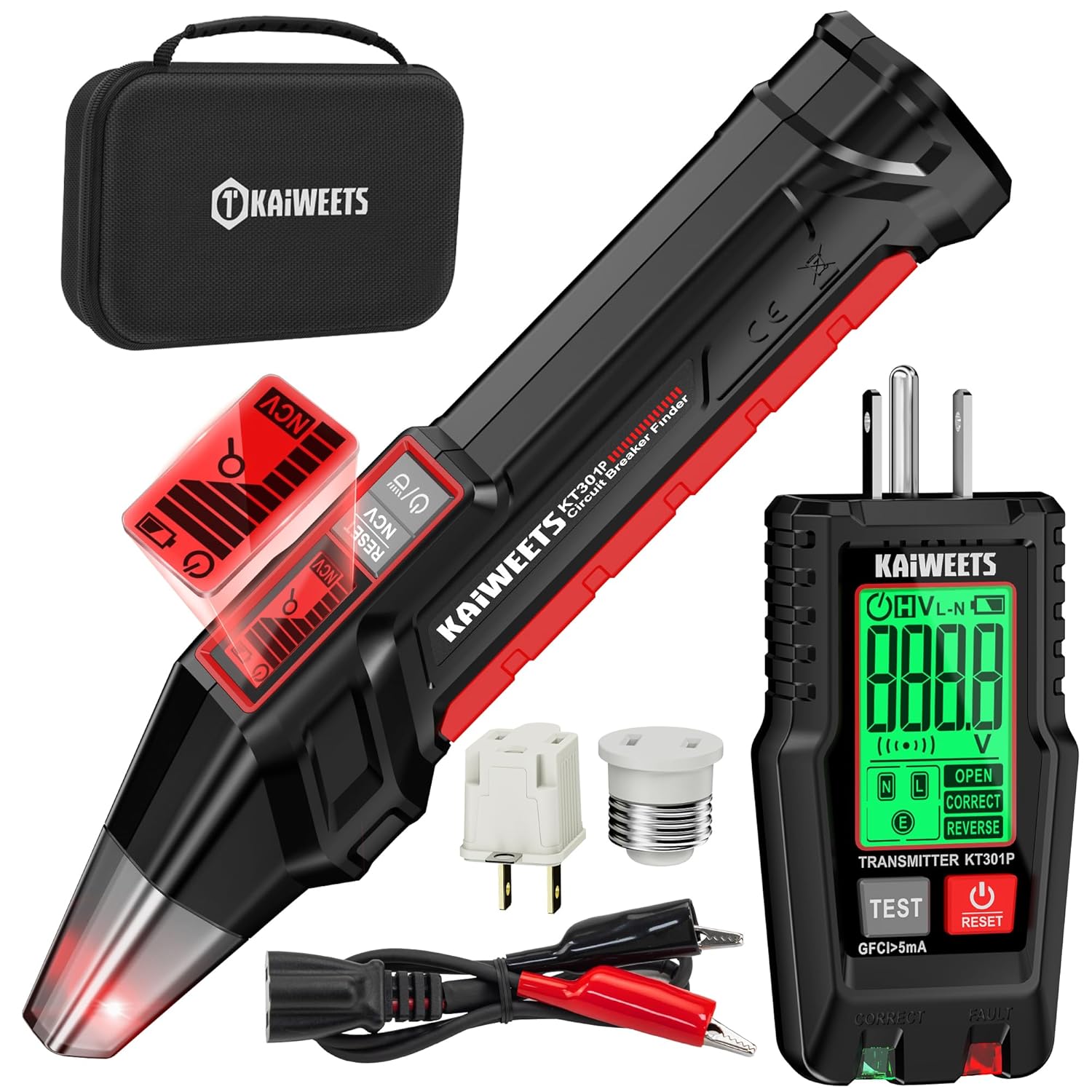 Circuit Breaker Finder with LCD Display, GFCI Outlet Tester, Electrical Circuit Tracer Tool with NCV Test & Flashlight, Includes Carrying Case and Adapters- KT301P