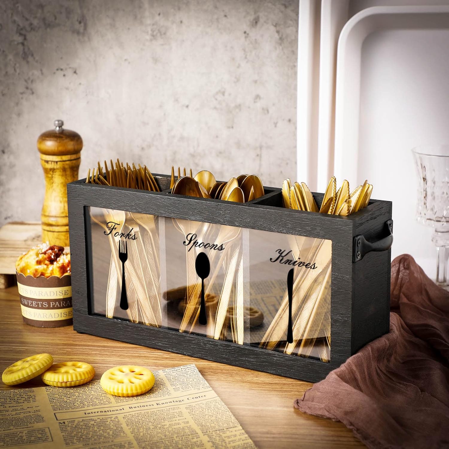 Farmhouse Rustic Wooden Cutlery Caddy with Sturdy Metal Handles 🍴✨