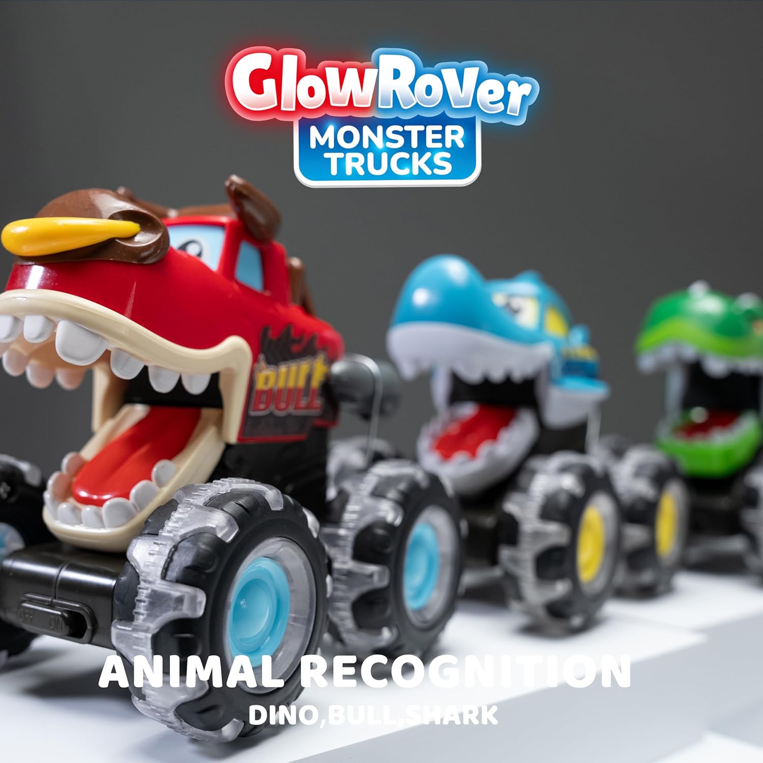  3 Pack Monster Truck Toy - Motion Activated Light Up Cars for Toddlers - Monster Glow Rover LED Wheels - Baby Boy Toys - Press and Go Dinosaur Trucks for Kids Boys Birthday Gifts for Christmas