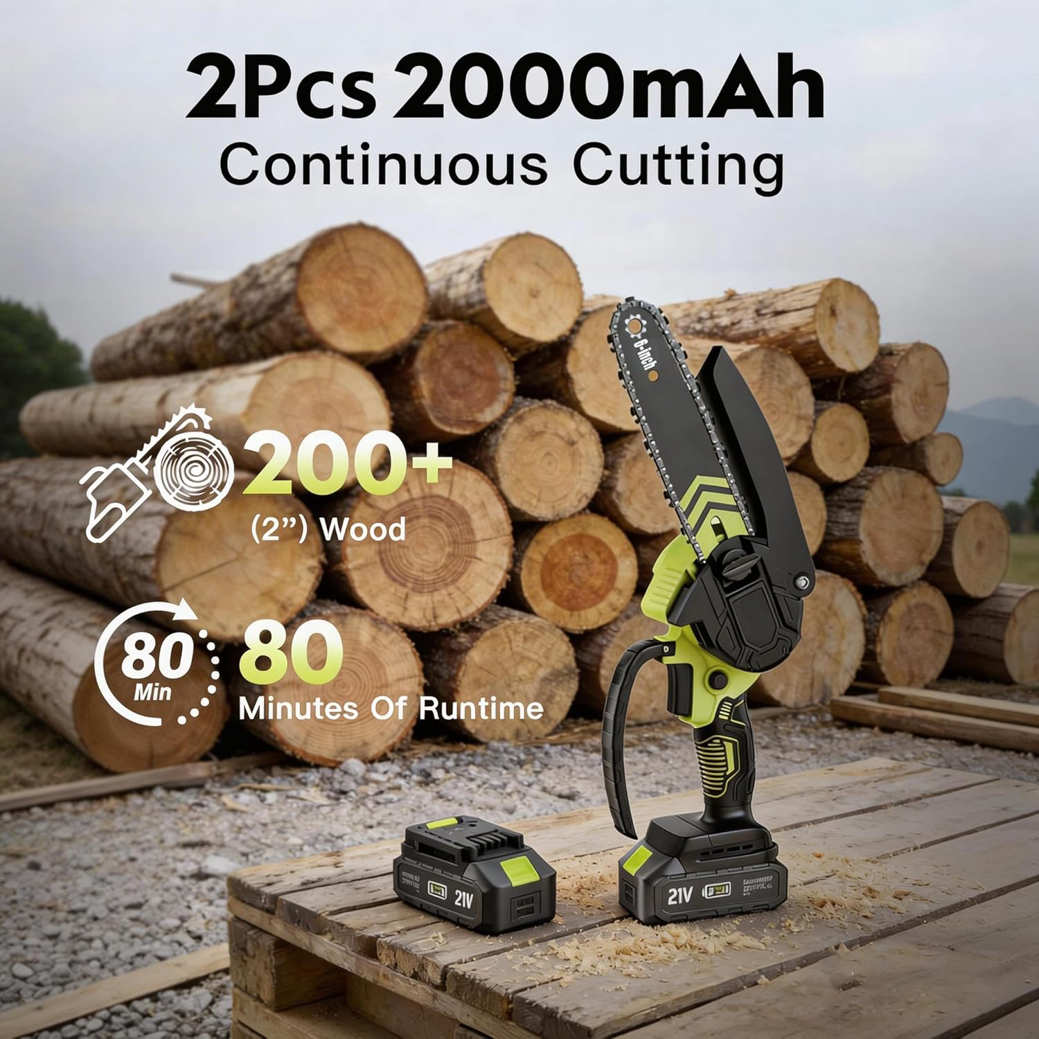 6-inch Mini Chainsaw Cordless: Home Garden Electric Chainsaw - 950W Pure Copper Brushless Motor, High Efficiency, Low Noise, 21V Batteries x2, Up to 80-Min Runtime