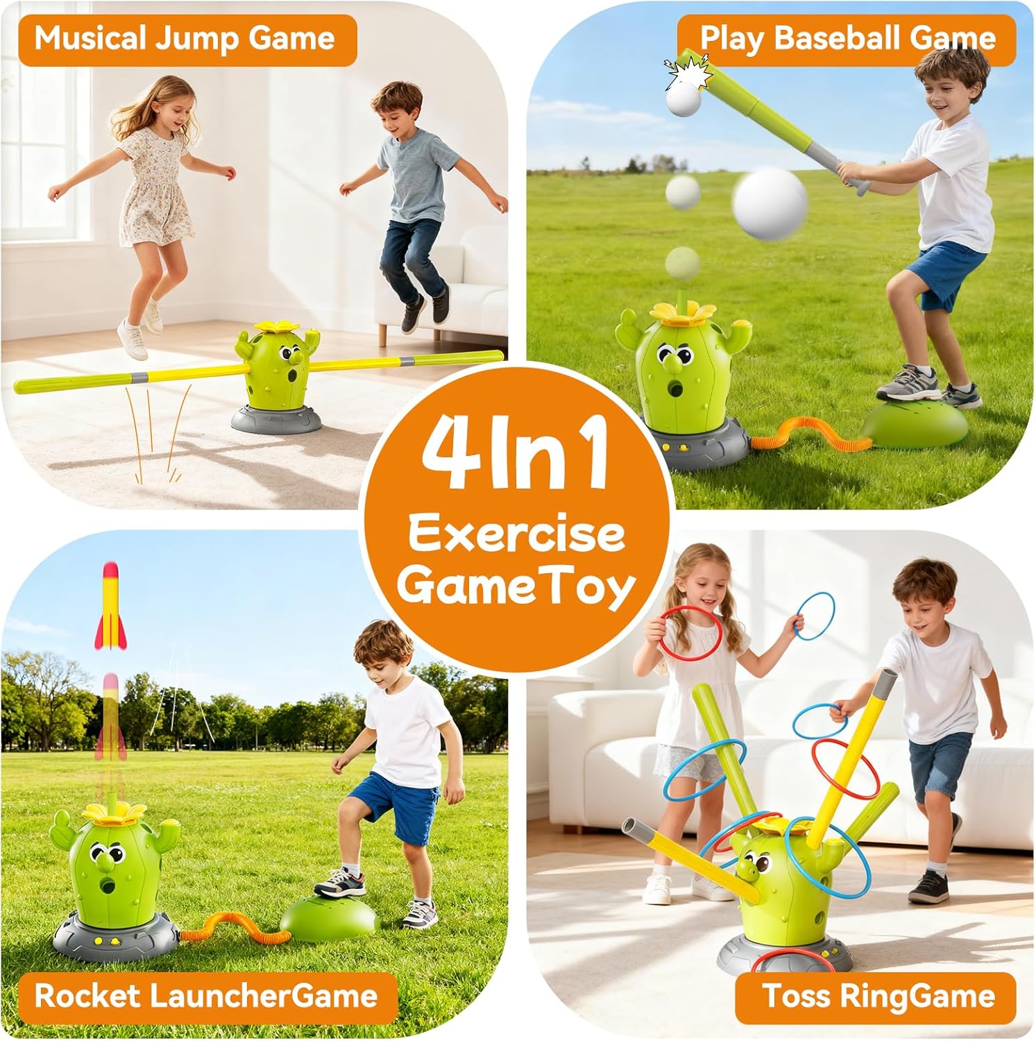Cactus 4-in-1 Musical Jumping Toys Set with Ring Toss, Stomping Rocket Launcher and Baseball Game, Fun Indoor and Outdoor Toys for Active Play Sports Toy for Kids Ages 3 4 5 6 7 8+ Boys & Girls.